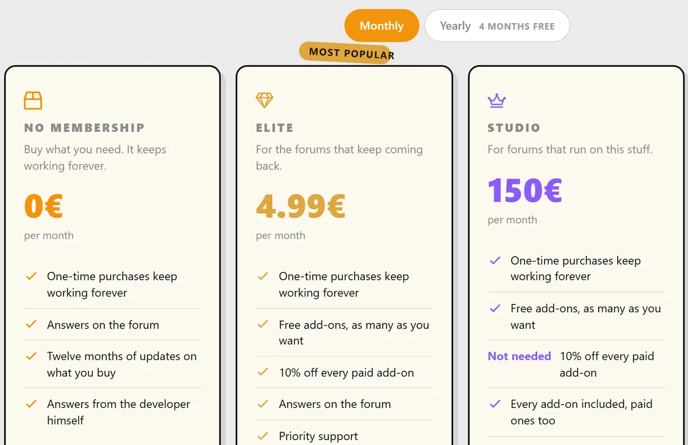 The plans page: no membership at 0€, Elite at 4.99€ per month, Studio at 150€ per month