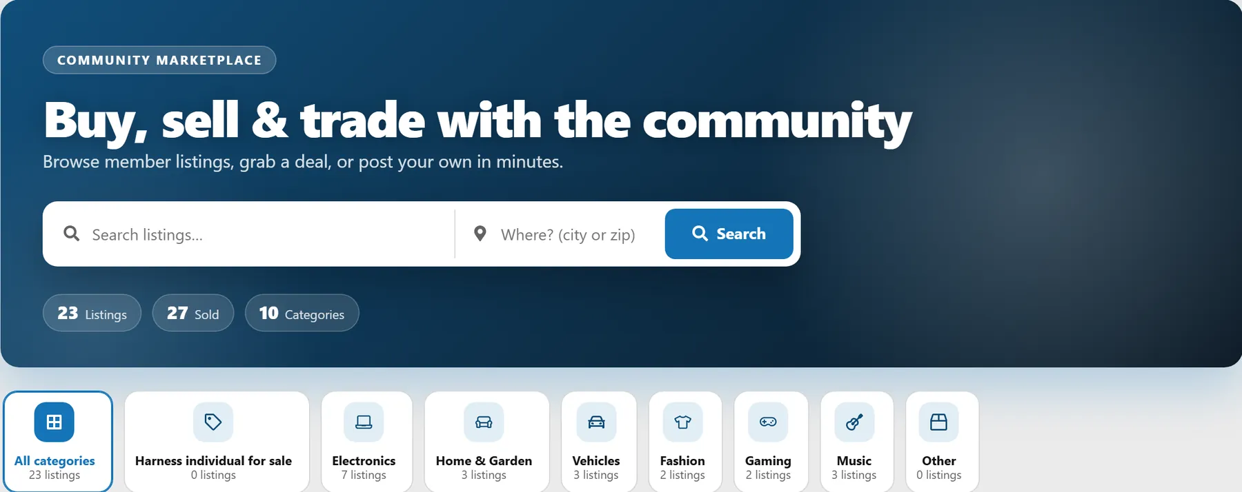 Classified: the marketplace home with search by keyword and location, live counters and category tiles
