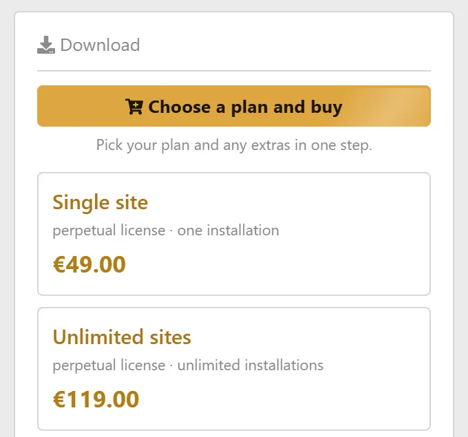 A product page in the store: single site licence 49€, unlimited sites 119€, and a link to the live demo board