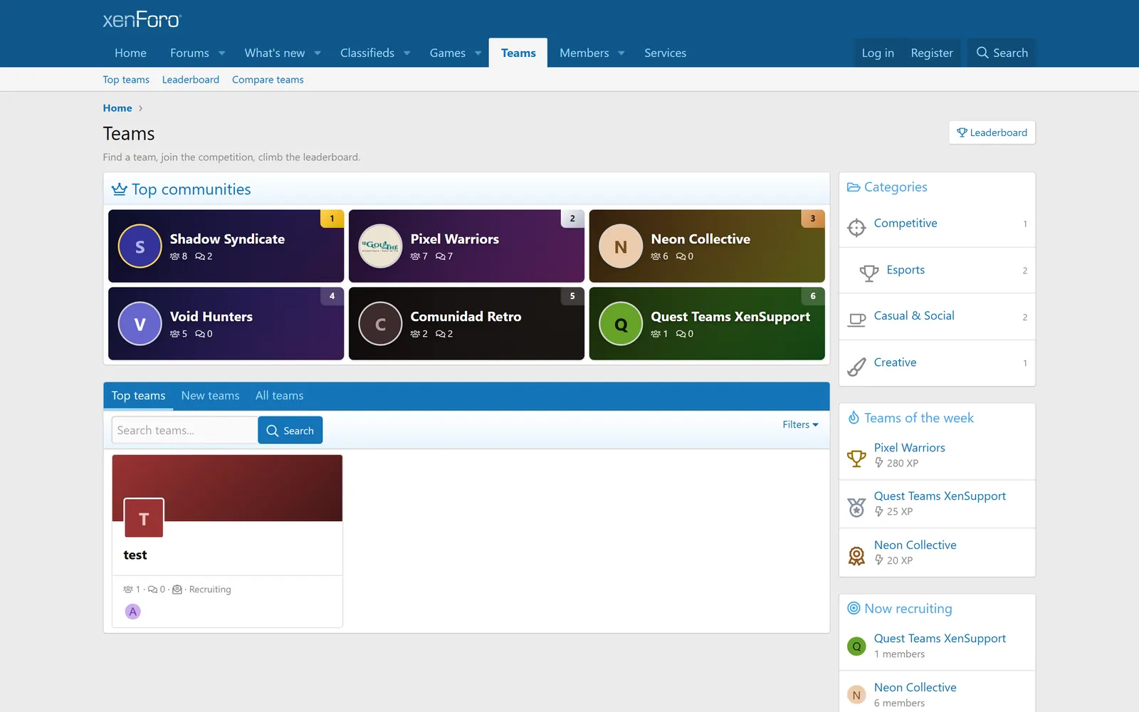 Teams: the top communities board, categories and teams of the week on a stock XenForo style