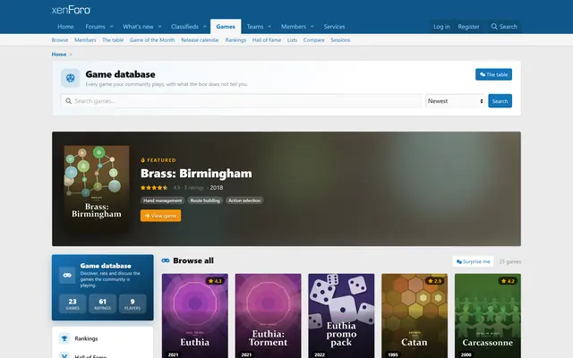 BoardGameHub: the game database with a featured game and the browse grid