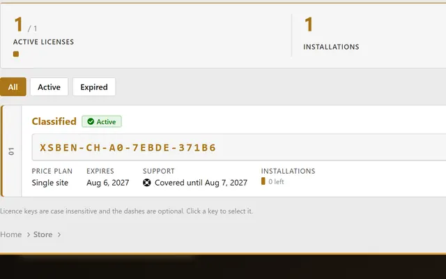 Your licences page: an active key with its plan, expiry and support window