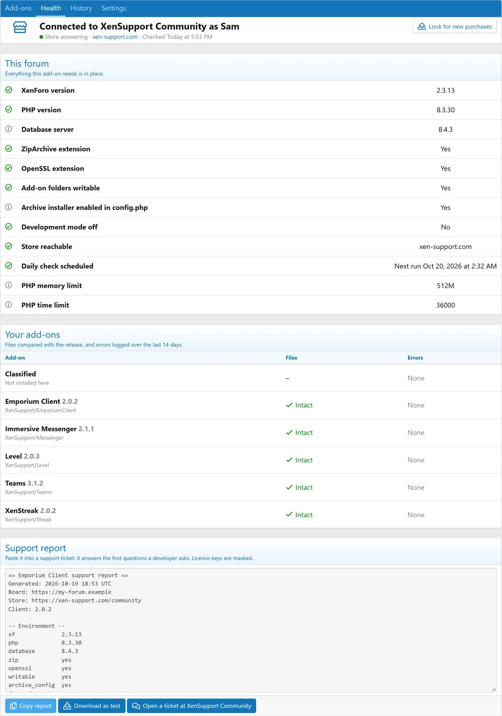 The Health tab and the support report