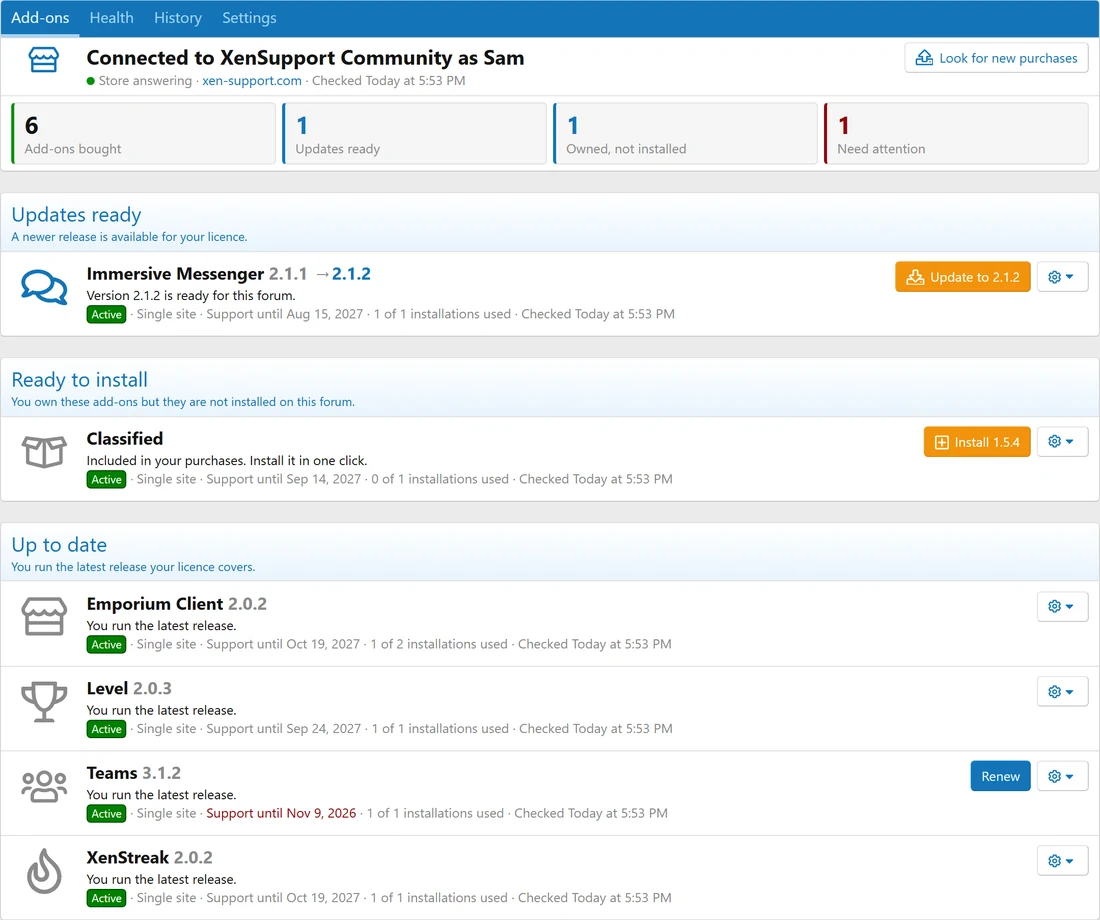 Purchased add-ons in the Admin CP