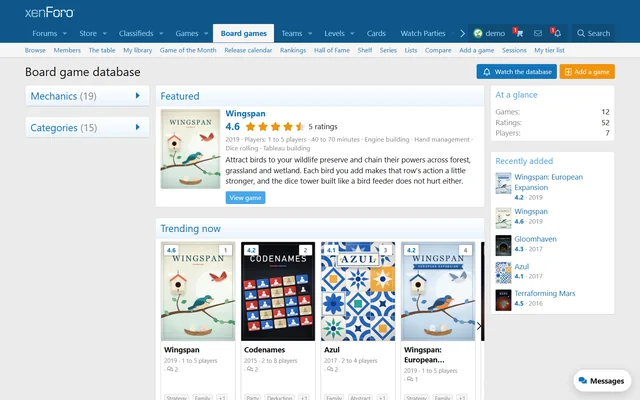 BoardGameHub on the live demo board