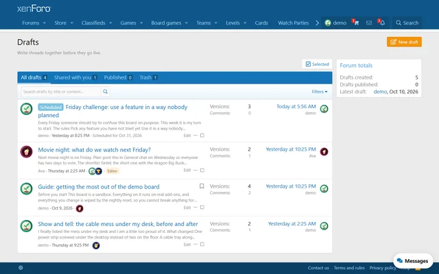 Drafts on the live demo board