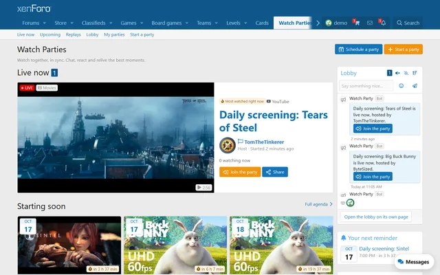 Watch Party on the live demo board